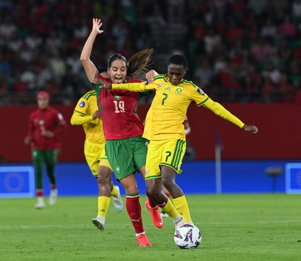 Karabo Dhlamini challenged by Sakina Ouzraoui, Morocco v South Africa, WAFCON 2026 quarterfinal, Rabat