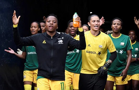 Banyana Banyana in Sasol-branded kit walking out of the tunnel