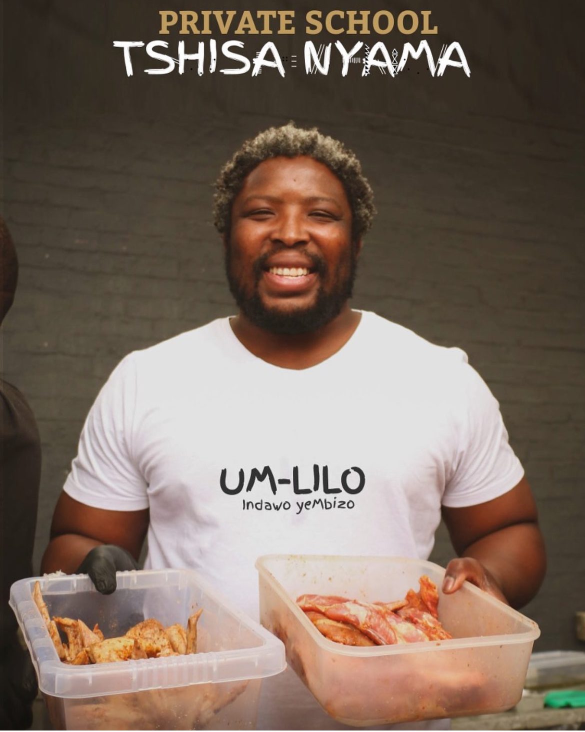 Scara Ntubeni holding trays of marinated meat at Um-Lilo